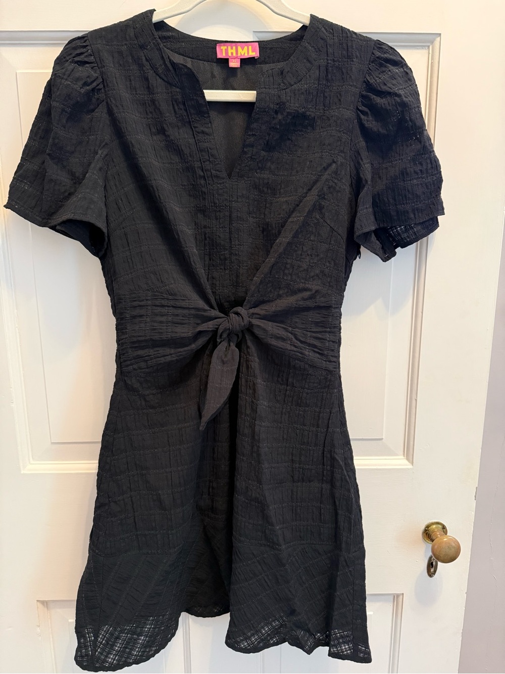 THML Black Textured Tie-Front Mini Dress